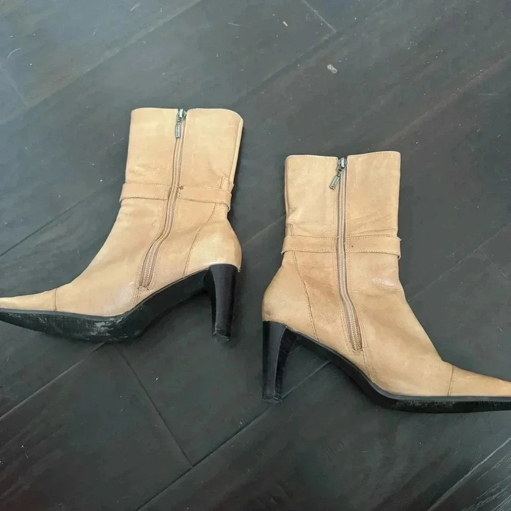 Tan Y2K Leather Heeled Boots western boho  7M - Picture 2 of 7